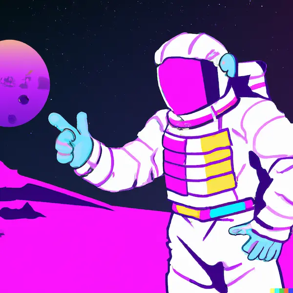 Synthwave astronaut pitching a stock on the moon
