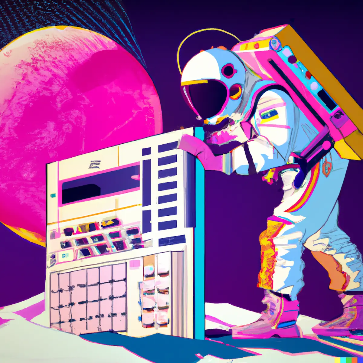 Astronaut walking on moon with calculator